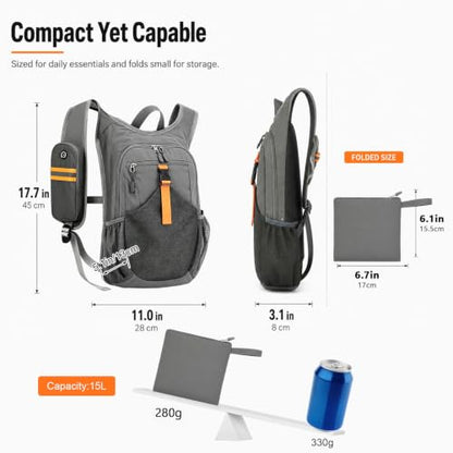 15L Small Grey Hiking Backpack, Lightweight Packable Foldable Casual Backpack for Women Men, Hiking Daypack with Shoulder Strap Pocket for Travel Camping Outdoor Commute