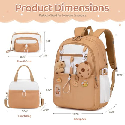 DIGOBAY Backpack for Girls, 5PCS School Bookbag with Lunch Box Pencil Case - color: Brown