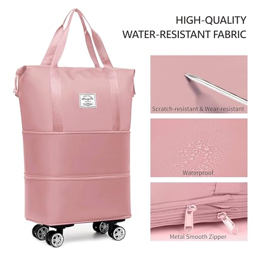 Expandable Foldable Duffel Bag with Detachable Rolling Wheels, Large Carry-On Luggage for Travel, Gym, Camping, Shopping, Business Trip (Pink) - color: pink