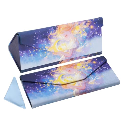 Foldable Glasses Case, Magnetic PU Leahter Sunglasses Case, Cute Hard Shell Folding Eyeglass Cases for Women Kids - color: Blue Dream