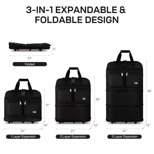 36'' Expandable Rolling Duffel Bag Suitcases w/Wheels,Foldable Luggage Bag - color: Black, size: 36"