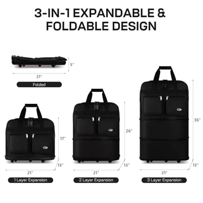 36'' Expandable Rolling Duffel Bag Suitcases w/Wheels,Foldable Luggage Bag - color: Black, size: 36"