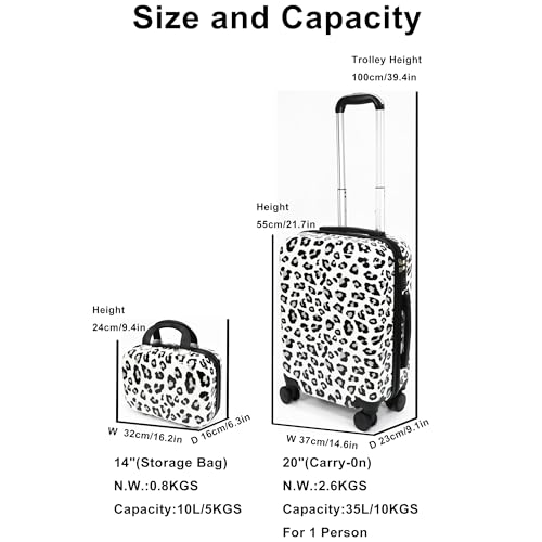 Luggage Sets 2 Piece, Hardside Suitcase Set 14+20 IN | Leopard Luggage with Spinner Wheels,Suitcase Set for Women and Men, Lightweight Leopard PC+ABS Hardshell,White - color: White Leopard(14+20)