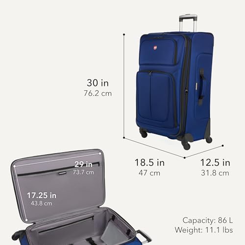 SwissGear Sion Softside Expandable Luggage – Large Checked Suitcase with 360 Degree Wheels & Retractable Handle – 29 Inch, Perfect for 7-9 Night Trips – Blue - color: Blue, size: Checked-Large 29-Inch
