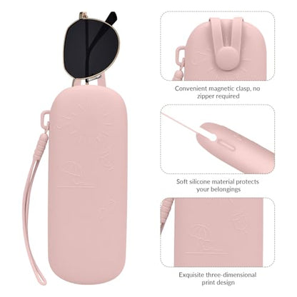 2 Pack Silicone Magnetic Sunglasses Pouch，Portable Makeup Brush Bag with Lanyard， 7.08 * 2.75 Inch (Pink) - color: Pink