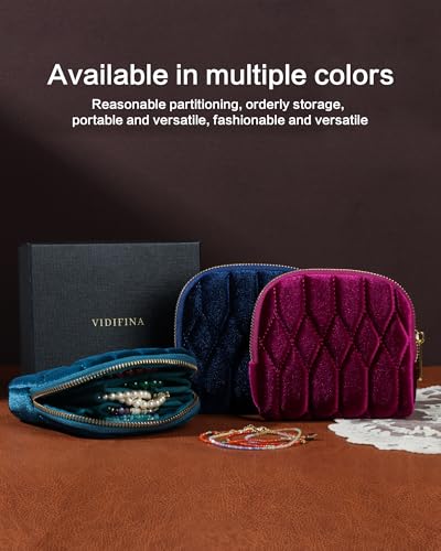 Small Travel Jewelry Case, Velvet Pouch with Zipper, Teal Blue - color: TealBlue