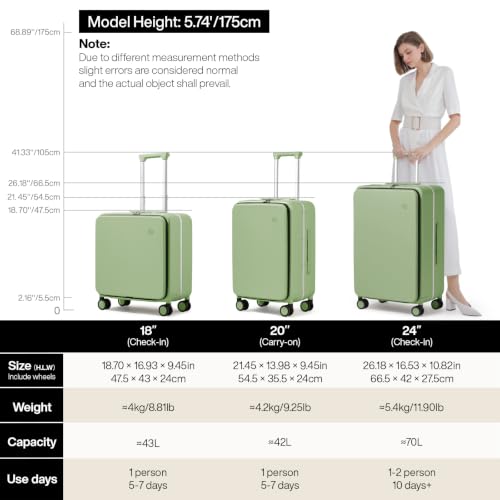 mixi Carry On Luggage, 20'' Suitcase with Front Pocket, Travel Rolling Luggage Aluminum Frame PC Hardside with Spinner Wheels & TSA Lock and Cover - Avocado Green - color: Avocado Green, size: 20-inch