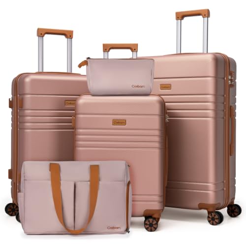 Cosbarn Luggage Sets 5 Piece, Hardshell Suitcase with Spinner Wheels - color: Rosegold