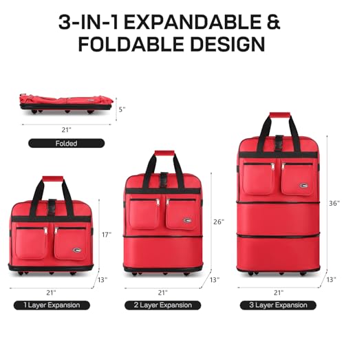 36'' Expandable Rolling Duffel Bag Suitcases w/Wheels,Foldable Luggage Bag - color: Red, size: 36''