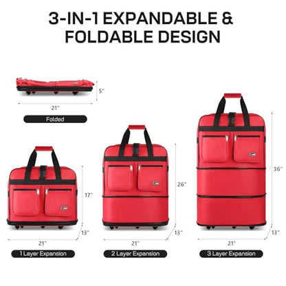 36'' Expandable Rolling Duffel Bag Suitcases w/Wheels,Foldable Luggage Bag - color: Red, size: 36''