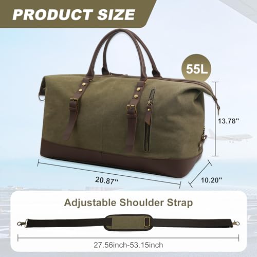 55L Canvas Duffle Bag for Men, Carry On Travel Weekender Overnight Bag - color: Green