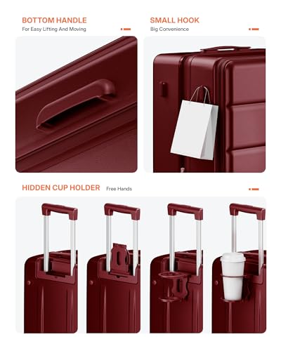 28 Inch Checked Luggage Side Opening Expandable Hardshell Suitcase, 100% PC Lightweight with Brake Spinner Wheels, TSA Lock - Large Travel Suitcase - color: Wine Red, size: 28 IN