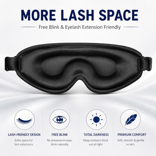 ALASKA BEAR Luxurious Silk Eye Mask with Deep Contour Molded Cups for Beauty Sleep & Lashes Extensions, 3D Zero Pressure Sleeping Eye Cover with Easy-to-Adjust Strap - color: Black_concave Eyecups
