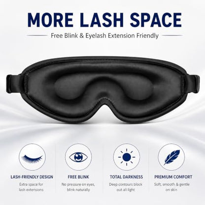 ALASKA BEAR Luxurious Silk Eye Mask with Deep Contour Molded Cups for Beauty Sleep & Lashes Extensions, 3D Zero Pressure Sleeping Eye Cover with Easy-to-Adjust Strap - color: Black_concave Eyecups