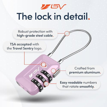 BV Luggage Locks TSA Accepted, Travel Sentry Approved 3-Digit Combination Suitcase Locks with Open Alert & Flexible Cable for Travel, Backpacks, Lockers, Cases, Purple, 2 Pack - color: Purple 2-Pack