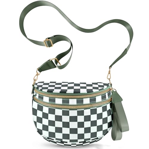 Checkered Crossbody Bags for Women, Large Nylon Bum Bags - color: Beans Green Checkered