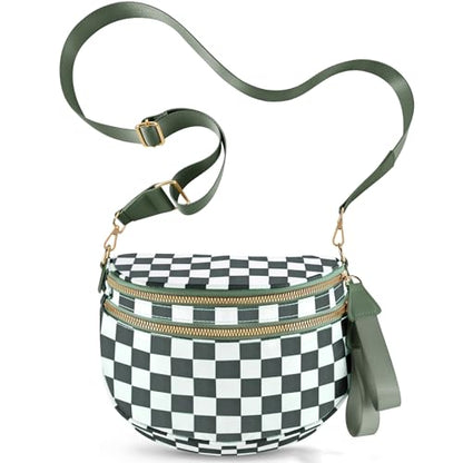 Checkered Crossbody Bags for Women, Large Nylon Bum Bags - color: Beans Green Checkered