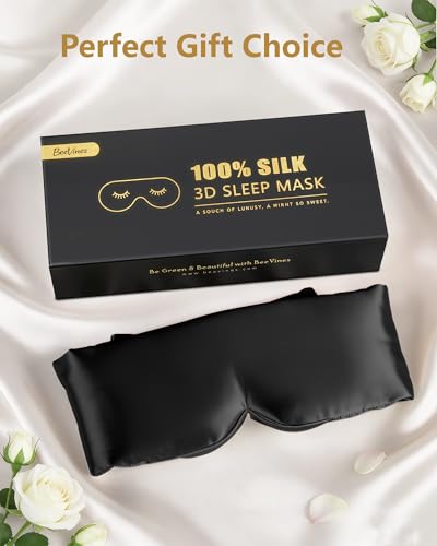 BeeVines Luxury Pure 100% 22 Momme Silk Sleep Mask, 3D Countoured Eye Mask - color: 02 Jet Black