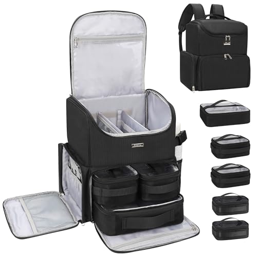 Relavel Makeup Backpack Large Bag with 5 Clear Set Bags, Dual Layer Professional Cosmetic Organizer Travel Train Case Makeup Artist Kit with Adjustable Dividers & Easy to Clean Lining, Black - color: Black (5 clear bags), size: Large