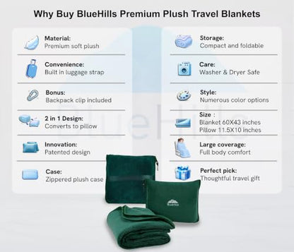 BlueHills Premium Soft Travel Blanket Pillow Flight Traveling - Dark Green - color: Green-1pk-t010