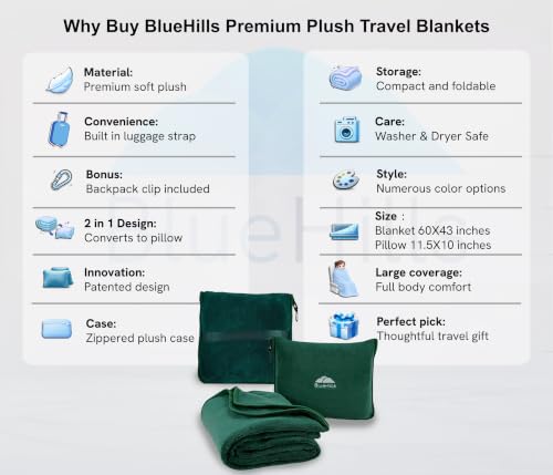 BlueHills Premium Soft Travel Blanket Pillow Flight Traveling - Dark Green - color: Green-1pk-t010