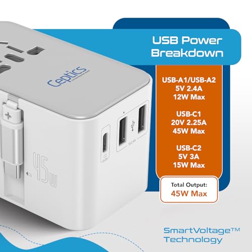 Ceptics 45W Universal Adapter, USB-C Cable, 3 USB Ports & Universal Input - color: White/Silver