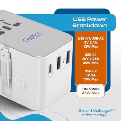 Ceptics 45W Universal Adapter, USB-C Cable, 3 USB Ports & Universal Input - color: White/Silver