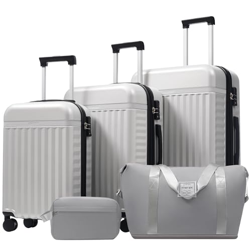 Merax 3 Piece Luggage Sets, Hardside Lightweight Carry on Suitcase - color: White Grey, style: 3 Piece-20+24+28