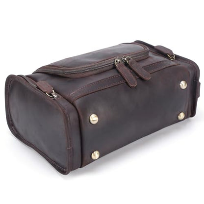 Polare Full Grain Leather Toiletry Bag Travel Dopp Kit Makeup Cosmetic Organizer Shaving Kit Wash Case with Hanging Hook - color: A-Dark Brown
