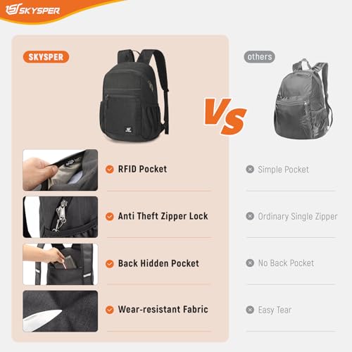 SKYSPER Anti Theft Hiking Backpack, 18L RFID Packable Travel Daypack, Lightweight Foldable Back Pack for Walking Daytrip - color: Black, size: Small