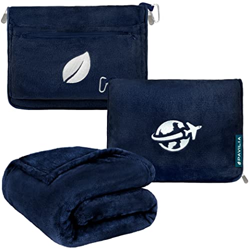 PAVILIA Compact 2-in-1 Travel Blanket Pillow for Airplane Flight, Navy Blue - color: Navy