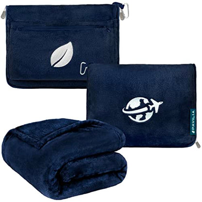 PAVILIA Compact 2-in-1 Travel Blanket Pillow for Airplane Flight, Navy Blue - color: Navy