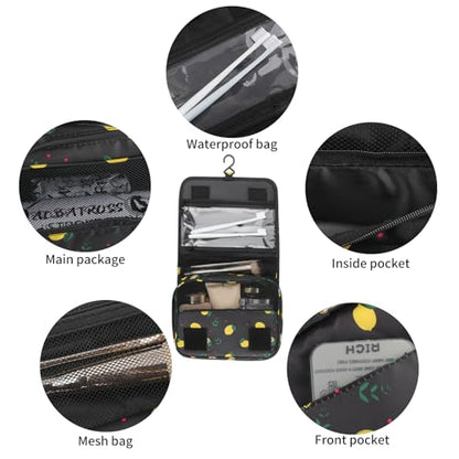 Hanging Toiletry Bag Travel Waterproof Makeup Organizer for Women Men - color: Black Lemon