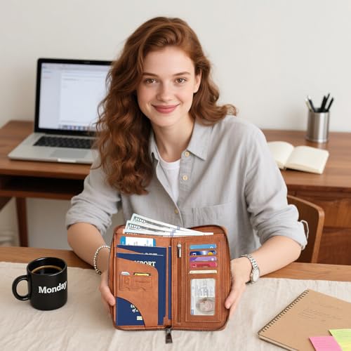 RFID Family Passport Holder Wallet - Travel Document Organizer - color: Brown