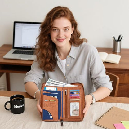 RFID Family Passport Holder Wallet - Travel Document Organizer - color: Brown