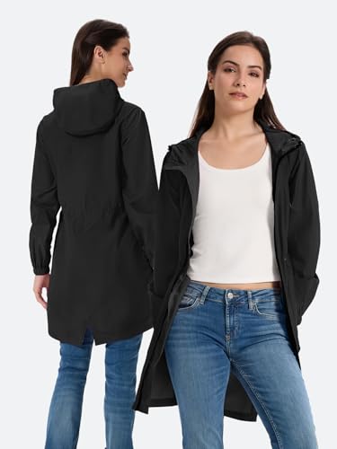 SaphiRose Women's Long Packable Rain Jacket with Hood Waterproof Raincoat - color: Black, size: Large