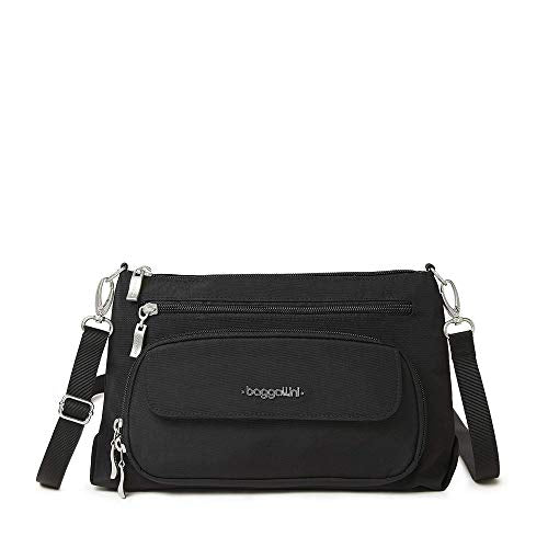 Baggallini Original Everyday 11x7.5 Crossbody Bags Rfid Protected Lightweight Nylon Zippered Travel Purse - color: Black With Sand Lining, style: Slim Strap