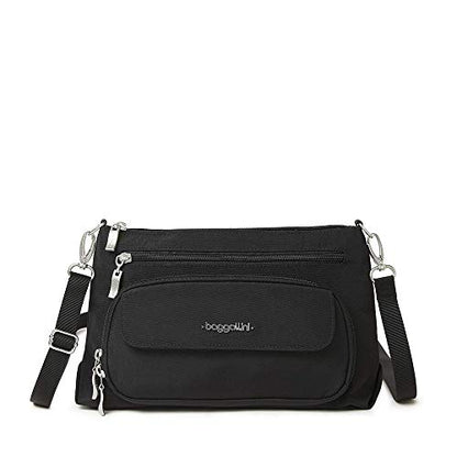 Baggallini Original Everyday 11x7.5 Crossbody Bags Rfid Protected Lightweight Nylon Zippered Travel Purse - color: Black With Sand Lining, style: Slim Strap