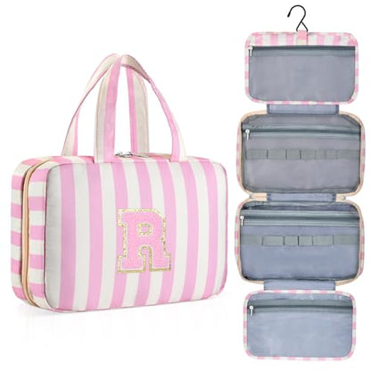 Personalized Travel Hanging Toiletry Bag & Makeup Bag Striped Pink R - color: Striped Pink, size: R
