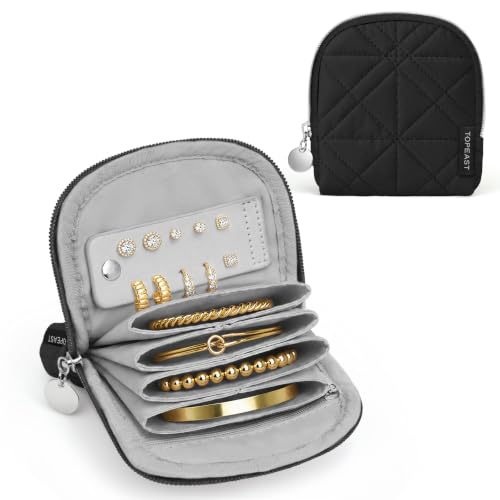 TOPEAST Quilted Travel Jewelry Case for Women, Puffer Jewelry Organized Bag - color: Black-Shell
