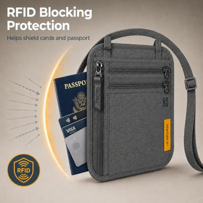 VENTURE 4TH Slim Neck Wallet, RFID Blocking Passport Holder - Gray - color: Gray