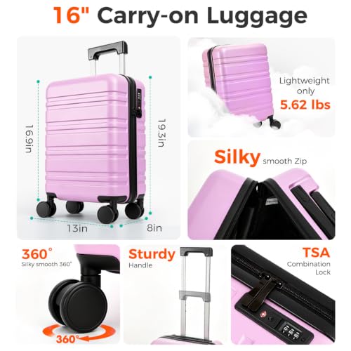 Hard Shell Suitcase With Removable Wheels, 16 Inch Carry On Luggage - color: Purple