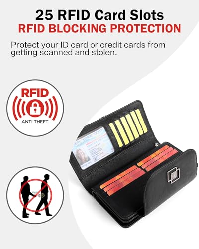 FADEON Leather Wallets for Women, Designer Large RFID Blocking Trifold - color: Black Retro Style