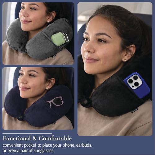 Brookstone Microbead Neck Pillow Soft Travel Pillow with Phone Pocket - color: Blue