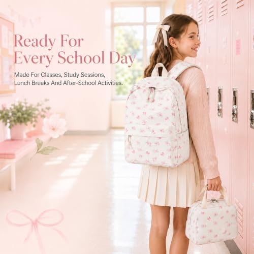 LEDAOU Backpack for Girls School Bag Kids Bookbag Teen Backpack Set Daypack with Lunch Bag and Pencil Case - color: Pink Small Flower Bow - Beige