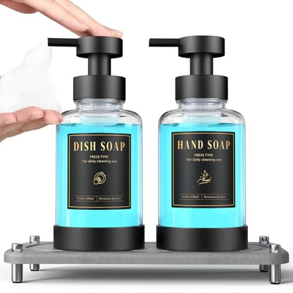 Luxspire 15oz Glass Foaming Soap Dispenser Set, Clear + Dark Gray, 2 Pack - color: Transparent
