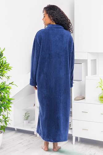 Women's Long Sleeve Plush Fleece Zip Up Robe, Zipper Bathrobe - color: Navy Blue, size: Large