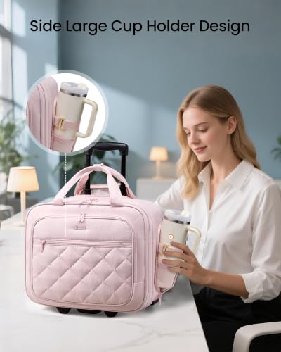 LOVEVOOK Rolling Laptop Bag for Women, Underseat Carry On Bag with Wheels - color: Puffer Pink