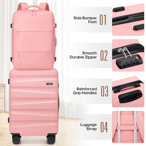 UKEIN Luggage Set with Backpack,Hardshell Carry On Luggage Airline Approved - color: Pink