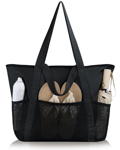 HOMESPON Beach Bag Large Waterproof Sandproof Tote for Women with Zipper and Mesh Pockets - color: Black, size: Medium